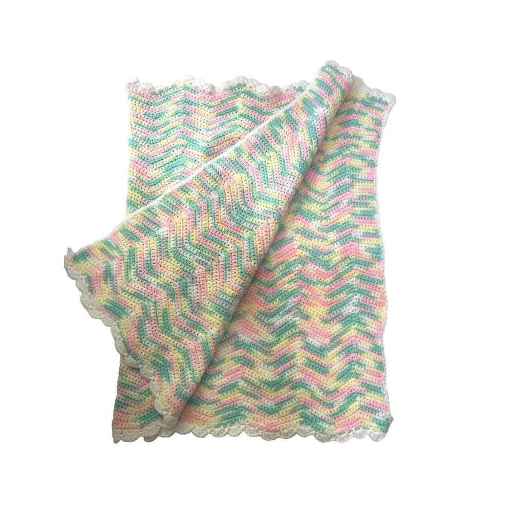 Handmade Chevron Knit Baby Blanket Pink Mint Yellow Scalloped Grannycore Cottage